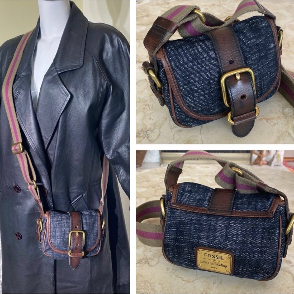 Fossil Leather & Denim “Long Live Vintage” Small Crossbody Bag